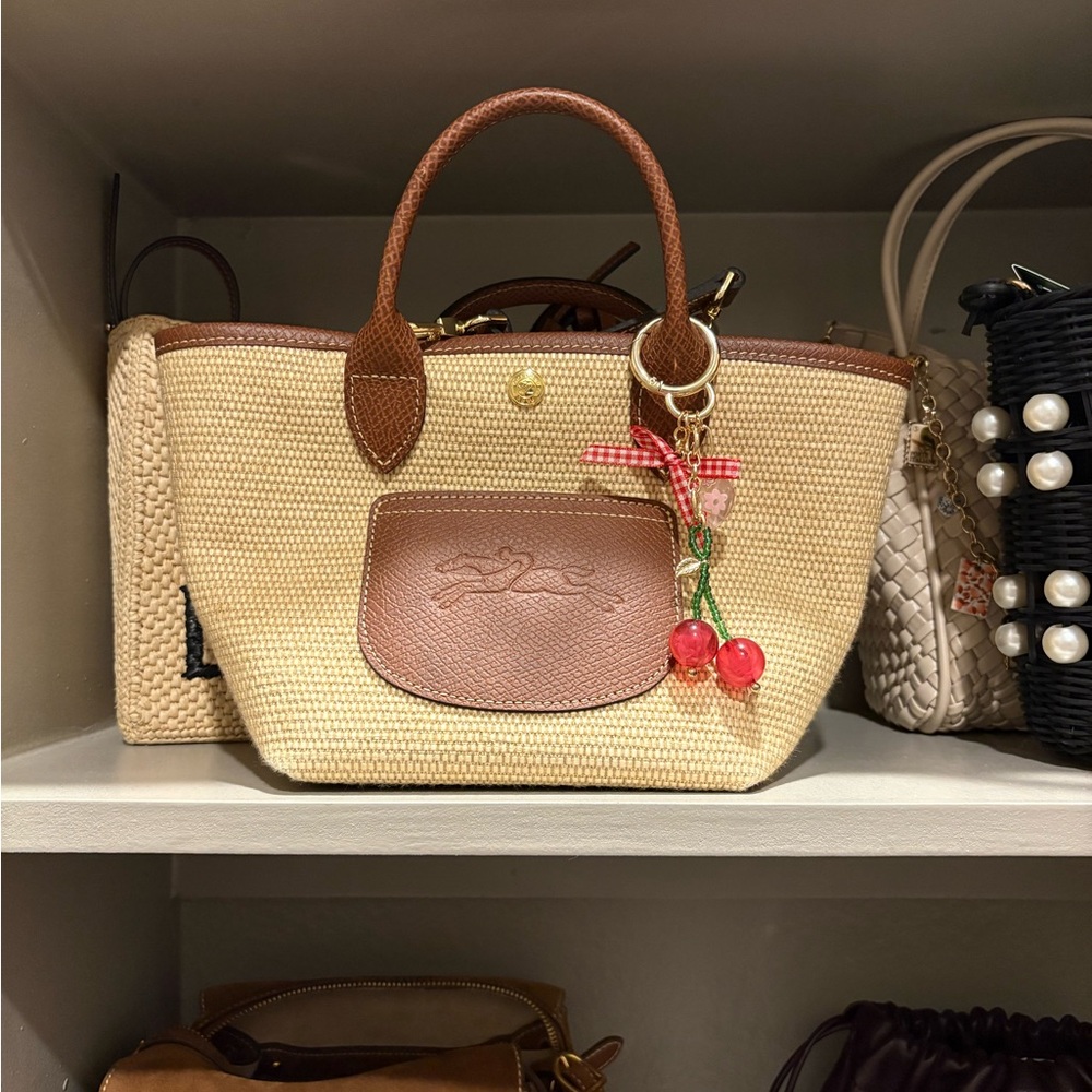 Longchamp Small Straw Tote with Brown Leather Trim